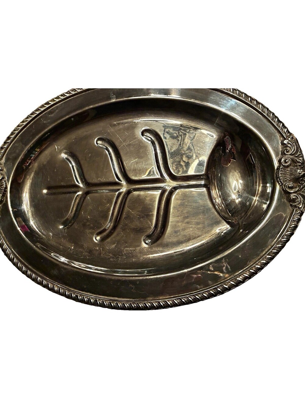 Vintage Silverplate Footed Tree & Well Meat Platter | Ornate Shell Carving Tray